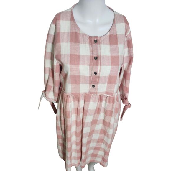 Hidden Alley Pink White Plaid Cottagecore Prairie Dress Short Tie Sleeve Maxi - Picture 4 of 10